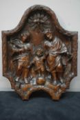 Bas-relief in walnut, representation of the Holy Family, Flemish, 17th century H42x33