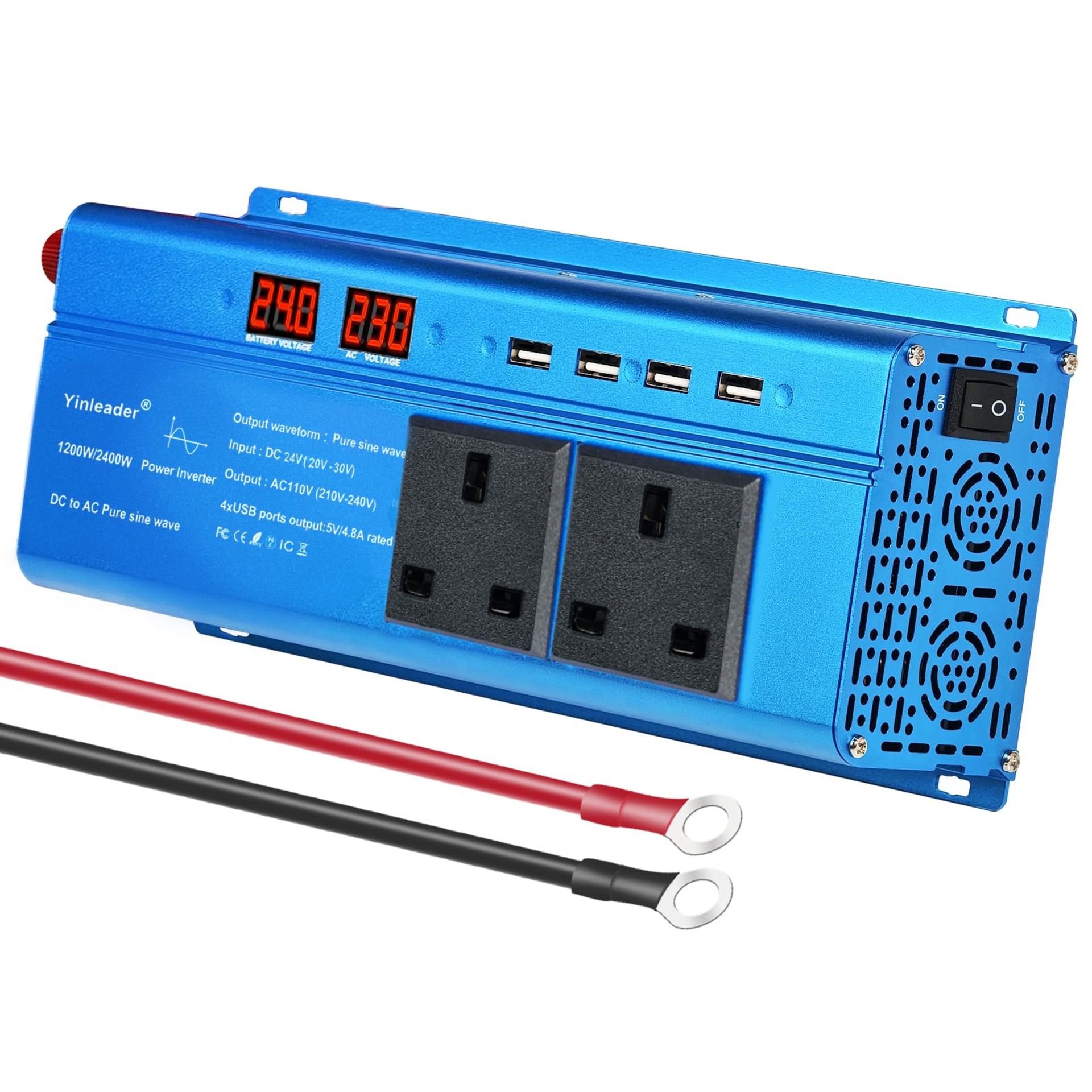 Yinleader Power Inverter DC 24V to 240V AC 1200W / 2400W Pure Sine Wave ...