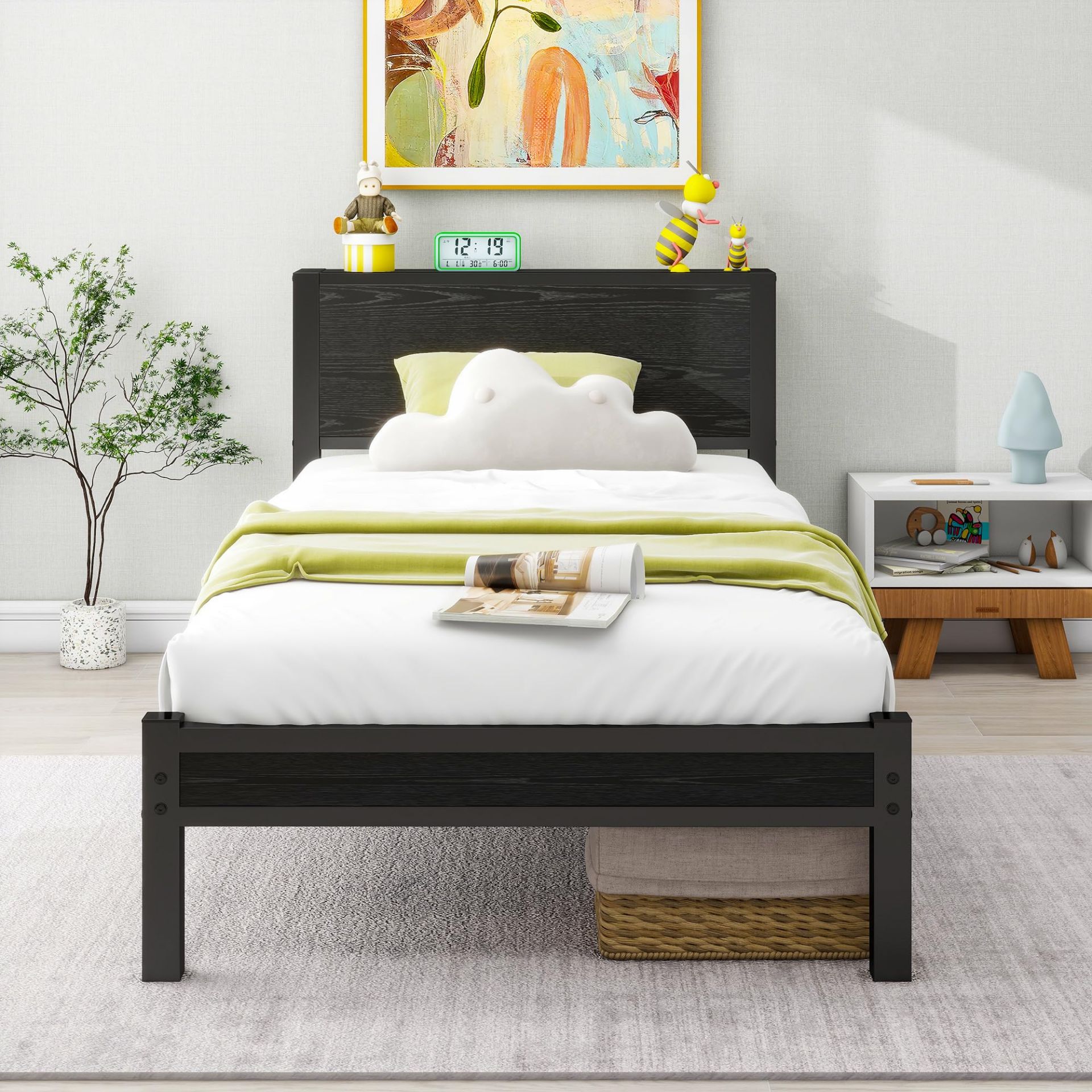 DUMEE Single Bed Frame with Wooden Storage Shelf Headboard, 3FT Metal ...
