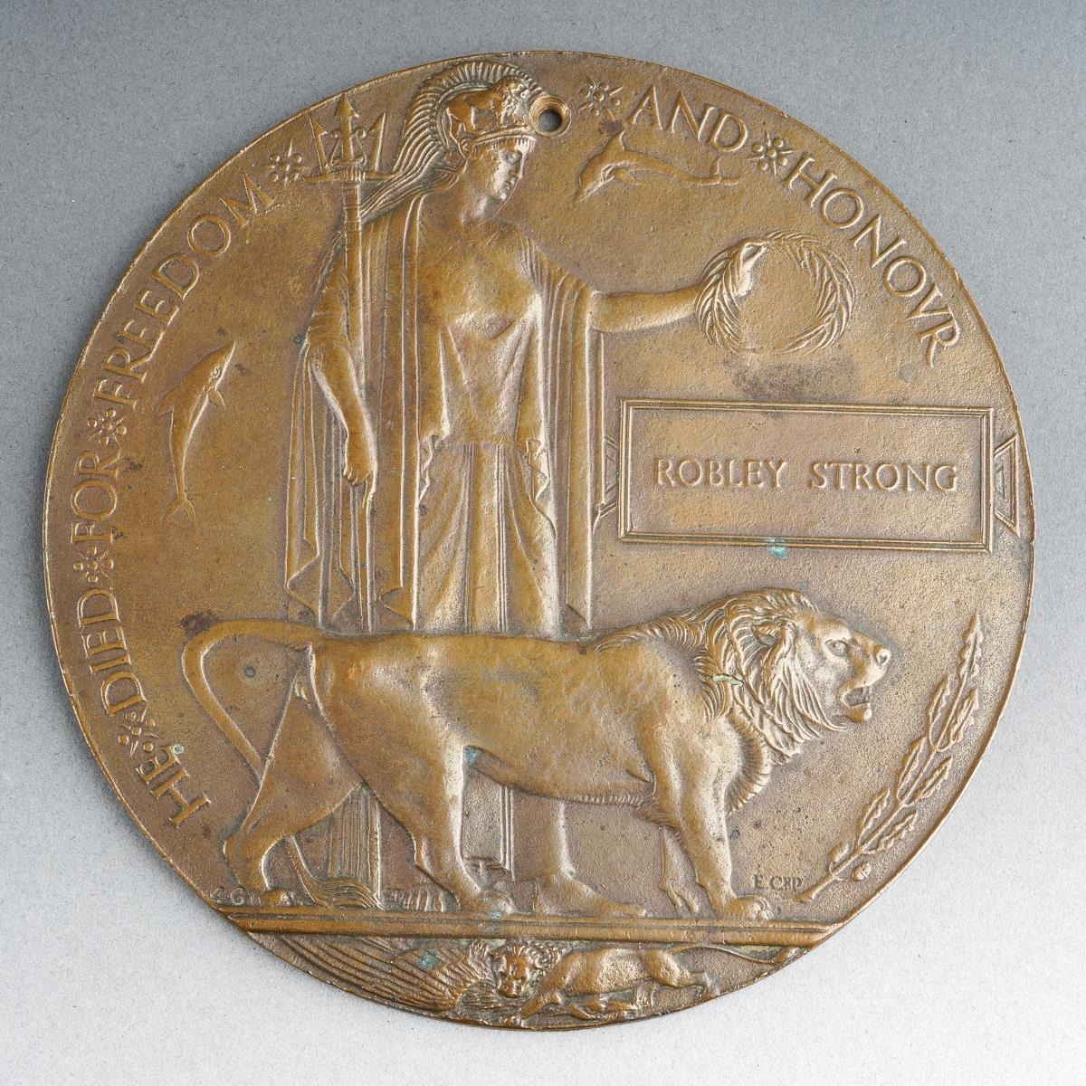WWI bronze Death Plaque / Penny awarded to Robley Strong [1] Gunner ...