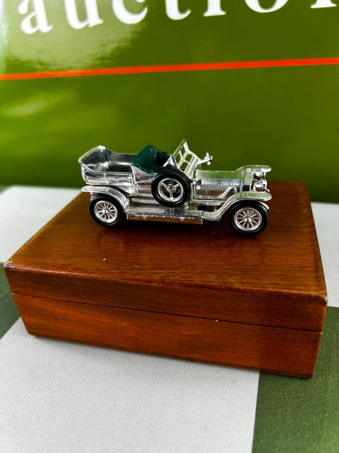 Vintage 1907 Rolls Royce Silver Ghost On A Solid Wood Teak Box.
