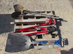 CONTENTS OF PALLET: VARIOUS SHOVELS, HIGH LIFT JACK, & PIPE CLAMP