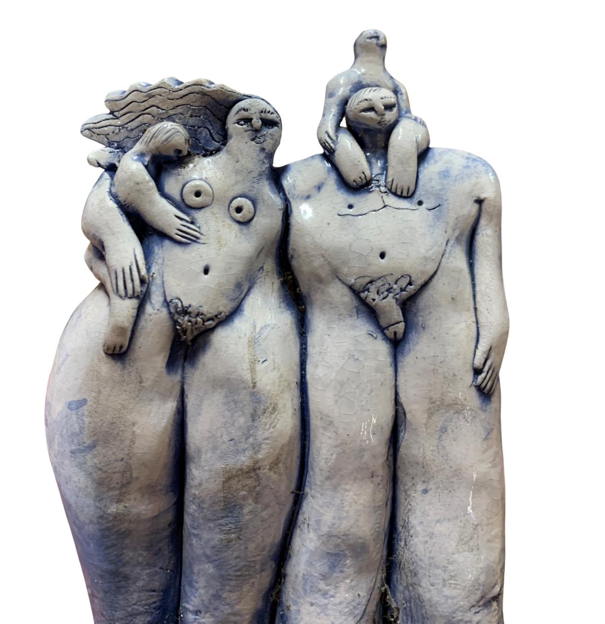 Large studio pottery sculpture of a nude family on the roof of a house, 55cm high - Image 4 of 4