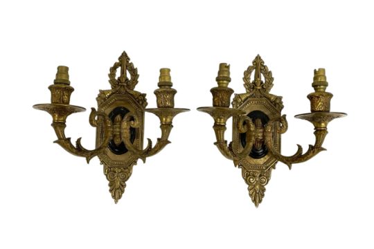 Pair of early 20th century cast brass and Bakelite two-light wall sconces, H 27cm. (2)