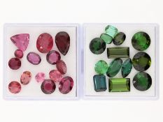 Turmaline: Konvolut grüne und rote Turmaline/Rubellite in unterschiedlichen Schliffarten und Größen,