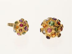 Ring/Brosche: sehr interessanter vintage Farbstein-Cocktailring mit dazugehöriger Brosche, 14/18K Go