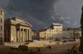 Ippolito Caffi, Die Piazza della Borsa - der Börsenplatz - in Triest bei Nacht