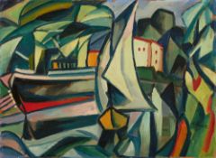 Hans Thuar, Segelboot und Schiff in grüner Flusslandschaft