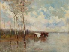 Émile Claus, Landschaft mit Kühen und Birken am Fluss