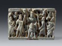 Relief mit Auszug des Prinzen Siddhartha aus dem Palast. Grauer Schist. Pakistan, Gandhara. Kushan-Z