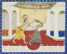 Krishna neckt Radha. Opake Farben und Gold auf Papier. Punjab Hills, Himachal Pradesh, Guler. Ca. 18