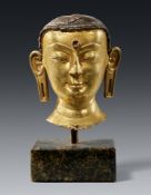 Kopf eines Bodhisattva. Kupferbronze-repoussé, feuervergoldet. Tibet. 17./18. Jh.