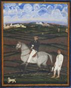 Reiterportrait eines Nawab. Opake Farben und Gold auf Papier. Punjab, wohl Lahore. Um 1870