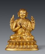 Außerordentliche feuervergoldete Bronze des Tsongkhapa. Sino-Tibetisch. 17./18. Jh.