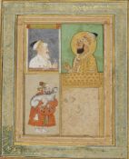 Albumblatt mit vier Miniaturen, darunter Herrscherportraits. Opake Farben und Gold auf Papier. Mogul
