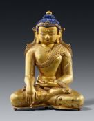 Buddha Shakyamuni. Schwerer Guss, Kupferbronze, feuer- und kaltvergoldet und bemalt. Tibet oder Nepa