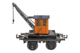 Bing Kranwagen, Spur 1, mit Kurbel, Kette und Haken, 1 Kupplungshaken fehlt, LS und Alterungsspuren,