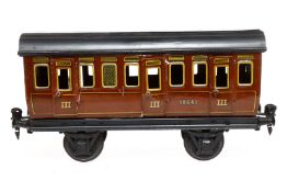Märklin Abteilwagen 1864, Spur 1, CL, mit 6 AT, Dach rest., LS tw ausgeb., gealterter Lack, L 23,