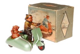 Ingap Vespa mit Beiwagen Nr. 809, mit Fahrerfigur und Bär, von 1952, gummibereift, Uhrwerk intakt, L