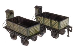 2 Bing offene Güterwagen, Spur 1, CL, je mit BRHh, tw nachlackiert, LS und Alterungsspuren, L 15,