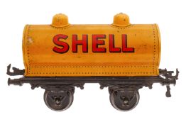 Bing Shell Kesselwagen, Spur 1, CL, 2 Achslagerblenden fehlen, LS und Alterungsspuren, L 19,5, Z 3
