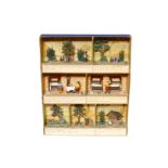 Franz. Diorama Karton mit Zinnszenen aus Märchen, handbemalte Zinnfiguren, Bäume und Häuser,