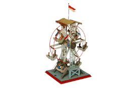 Doll Riesenrad mit 6 Gondeln und 12 versch. Sitzfiguren, uralt, HL, eine Laterne lose, Fahne