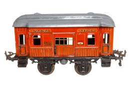 Bing Gepäckwagen, Spur 1, uralt, CL, mit 4 AT und 2 ST, Dach rest., LS und Alterungsspuren, 1 Puffer