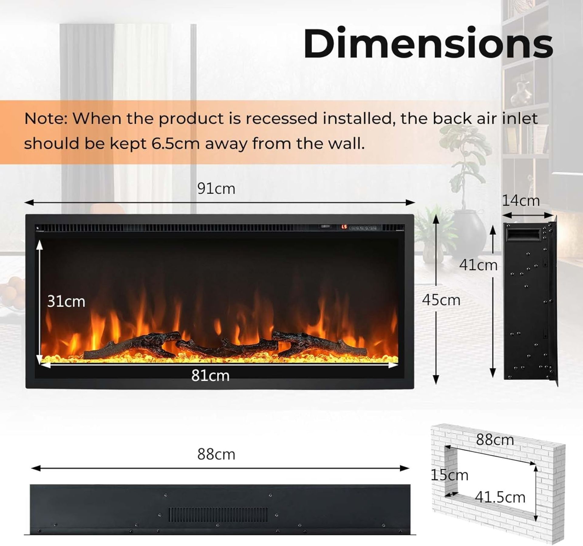 RRP £167.95 - COSTWAY 36”/91cm Electric Fireplace, Wall Mounted/Recessed/Freestanding Fire Heater - Image 4 of 5