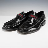 Gucci Men's Black Patent Leather Loafers with Web Strap