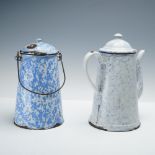 2pc Blue and White Enamel Lidded Coffee Pot and Milk Pail