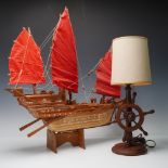2pc Wooden Chinese Junk Ship and Nautical Themed Table Lamp