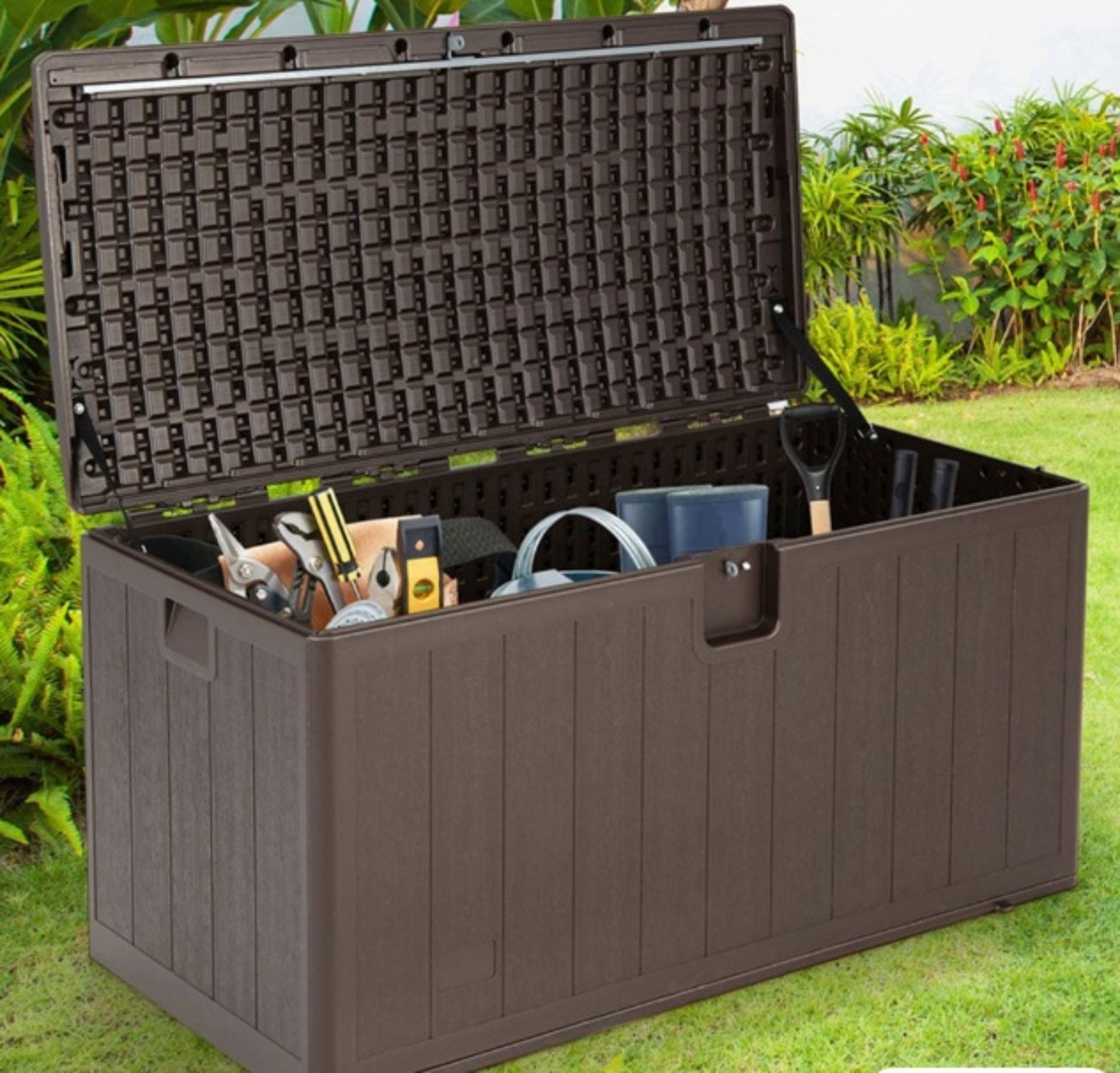 BROWN 400L STORAGE BOX W/ LOCKABLE COVER
