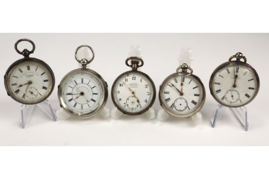 Five, gents silver cased pocket watches. All AF