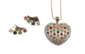 Lot: GG 585/000, besetzt mit Rubin, Saphir, Smaragd u. Brillanten/Diamanten w-si, Ohrstecker H ...