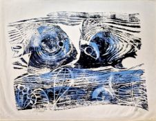 Blue Fishes Woodcut, 1973