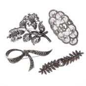 Sterling Silver Marcasite Brooch Collection incl. Stone Set, Foliate, 36.5g