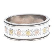 Antique Victorian Aesthetic Movement Silver Cuff Bangle with Gold Accent and Kitemark, 33g