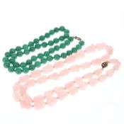 Chinese Export Rose Quartz and Aventurine Silver Clasped Necklace Pair, 242g