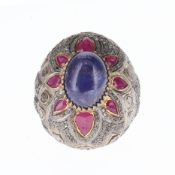 Polki Diamond Silver Ring incl. Ruby, Tanzanite, 46g
