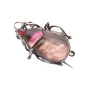 Antique Silver Beetle Brooch With Glass Cabochon, Safety Chain, 6g