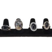 Sterling Silver Gemstone Rings incl. Jasper, Onyx, Simulated Pearl, 38g