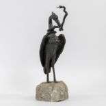 Bronze crane with snake, mounted on a stone, Japan, Meiji period