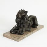 Sculpture of a fight between a lion and snake on marble plinth after Antoine-Louis Barye, French
