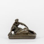 Bronze figure of a faun in an erotic position on black marble base, initials etched on corner 'S M'