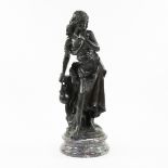 Bronze statue of gallant girl with jug on marble base in the style of Auguste Moreau, signed