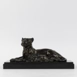 Louis-Albert CARVIN (1875-1951), reclining lion with cub in black patinated metal on marble base, si
