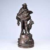 Gustave DELOYE (1838-1899), bronze statue of a hunter with dog, dated 1908
