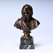 Bronze bust of Voltaire on marble base, signed F. Barbedienne, fondeur