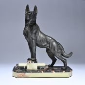 Large Art Deco sculpture of a German shepherd on a marble and onyx base